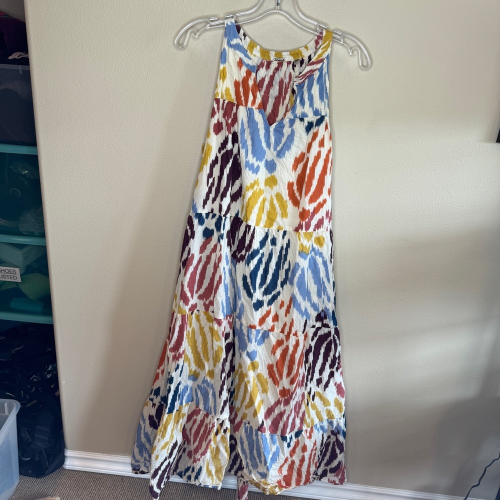 T Tahari Abstract Blue Yellow Orange Red Purple Tiered Long Maxi Casual Large